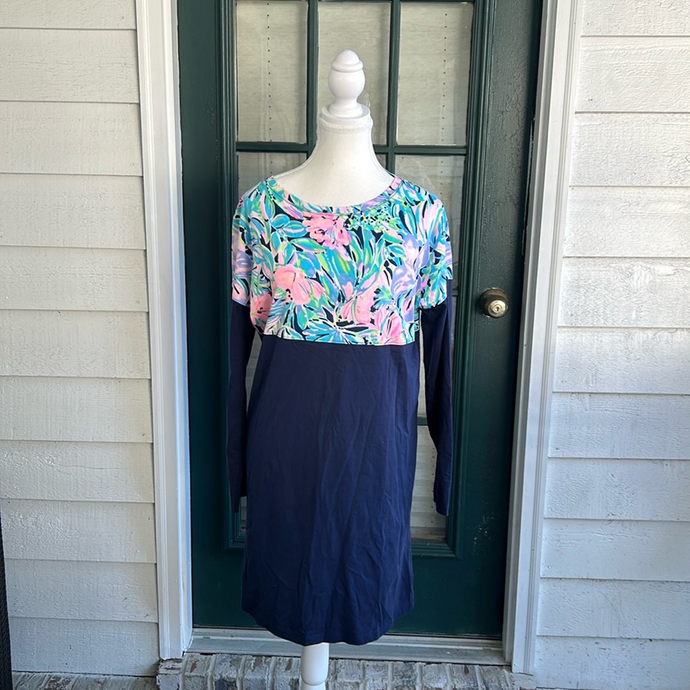 Lilly Pulitzer Navy Blue Midi Dress with Pink & Teal Floral Yoke